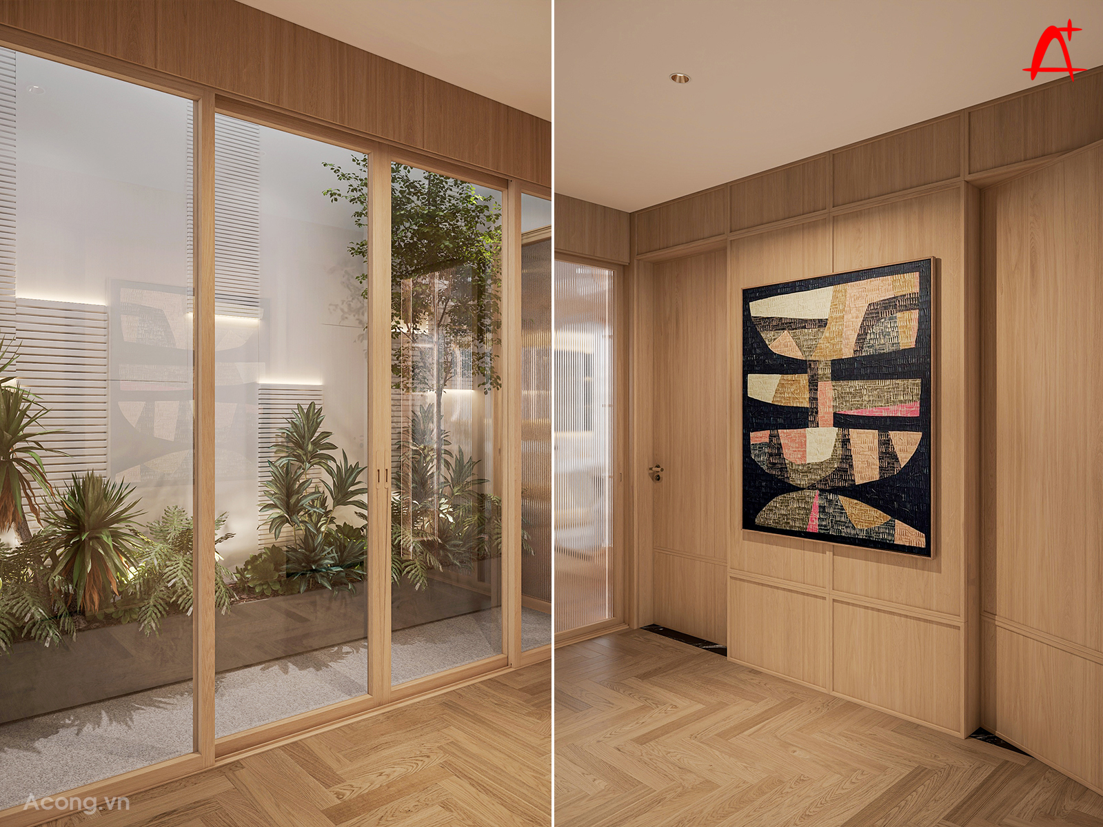 Hành lang phòng ngủ master với sàn gỗ xương cá và ánh sáng tự nhiên qua giếng trời